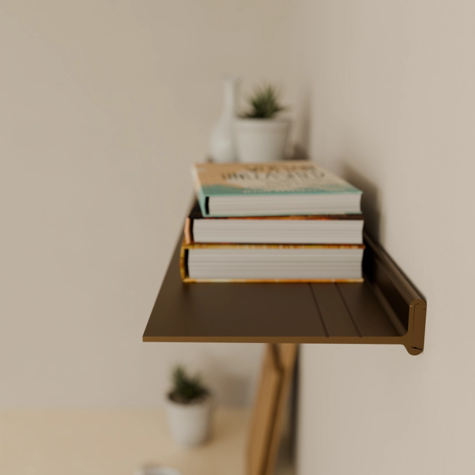 Wandplank-22cm-Horizon-Bruin-Zijaanzicht-925x925px De minimalistische Horizon Boekenplank met 22 cm diepte zonder opstaande rand.
