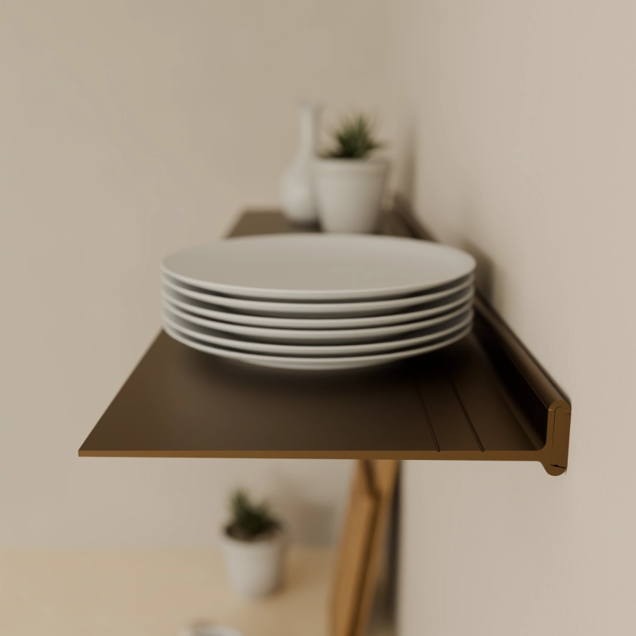 Wandplank-29cm-Horizon-Bruin-Zijaanzicht-925x925px De horizon wandplank met 29 cm diepte zonder de opstaande rand.