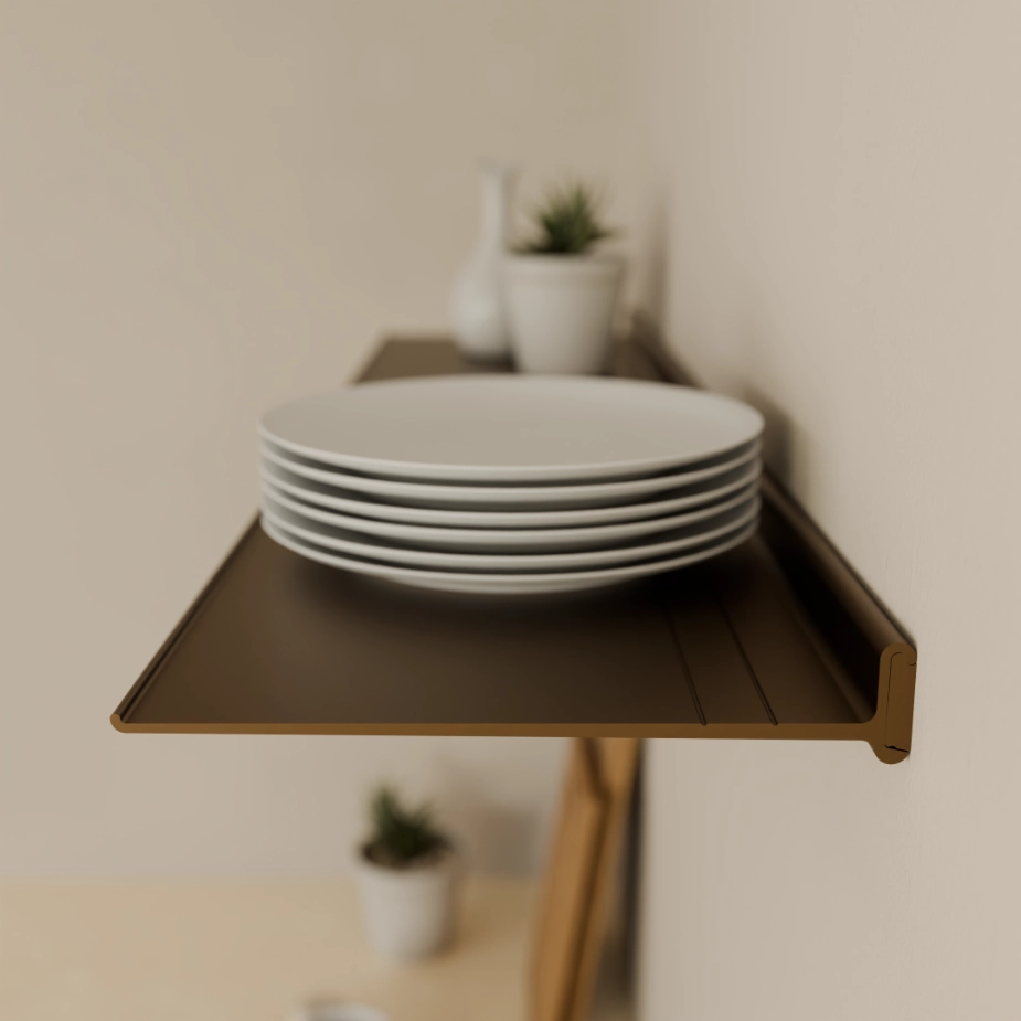Wandplank-29cm+R-Horizon-Bruin-Zijaanzicht-925x925px De horizon wandplank met 29 cm diepte met de opstaande rand.
