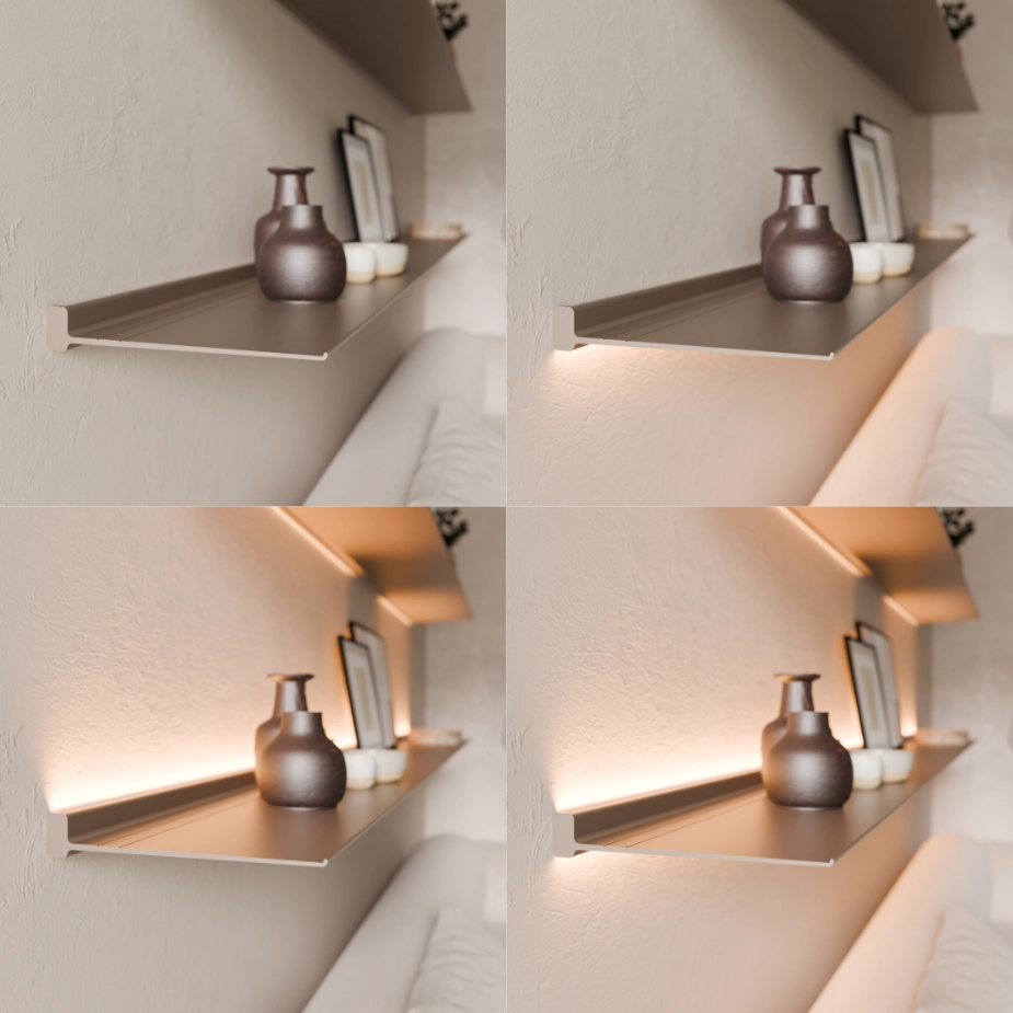 De Horizon wandplank met Eclipse verlichting kan in verschillende standen gezet worden