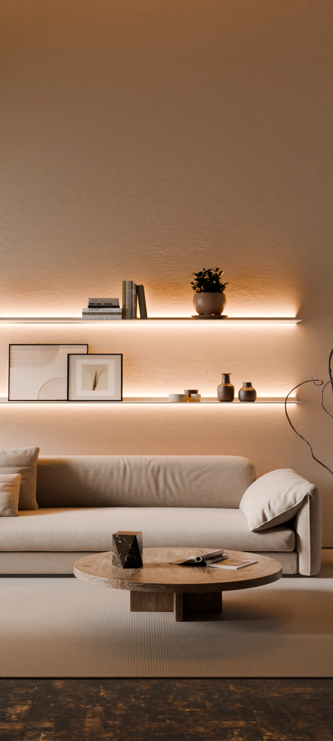 Een Bali-stijl woonkamer met 2 verlichte wandplanken, de Horizon x Eclipse genaamd. Daaronder is een bankstel en salontafel te zien.