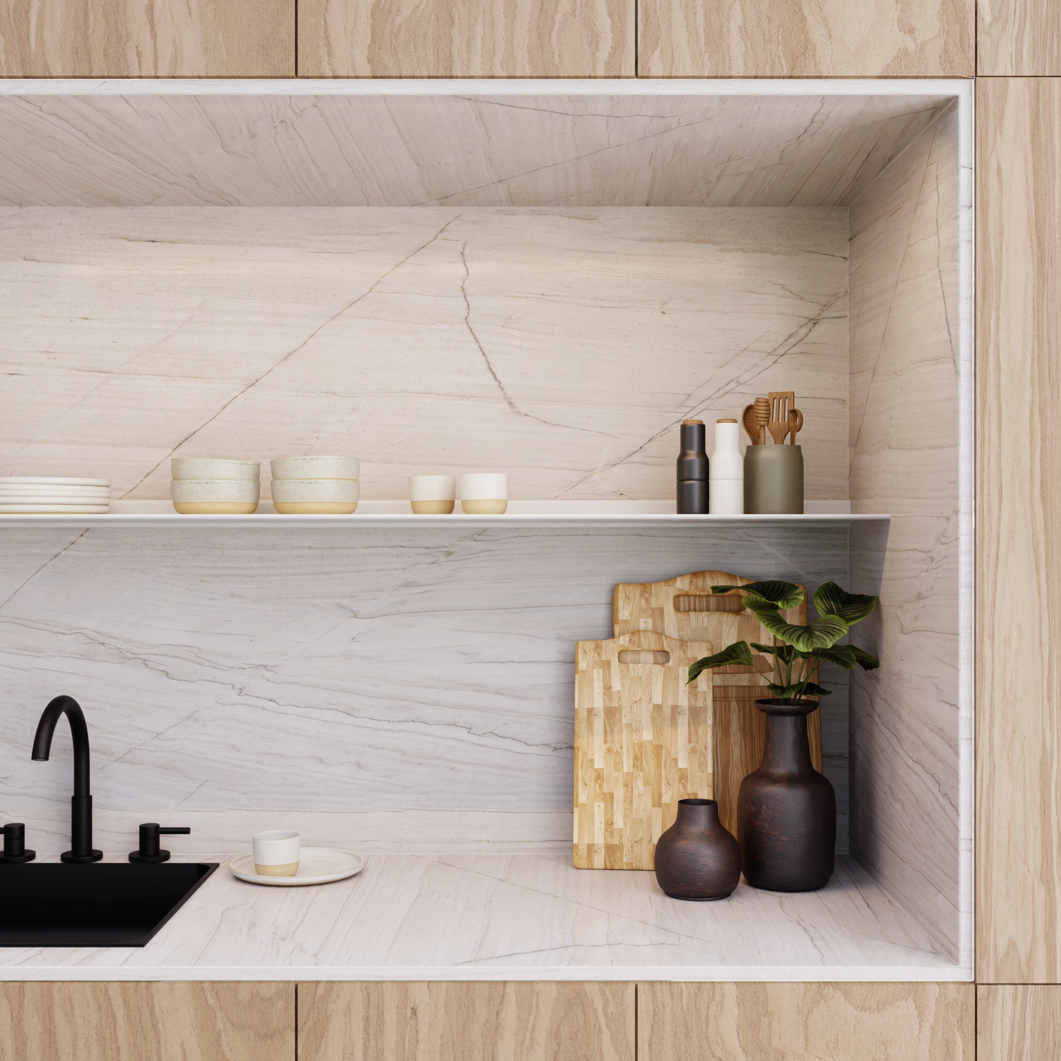 Een luxe keukenhoek met een witte Horizon plank aan de muur