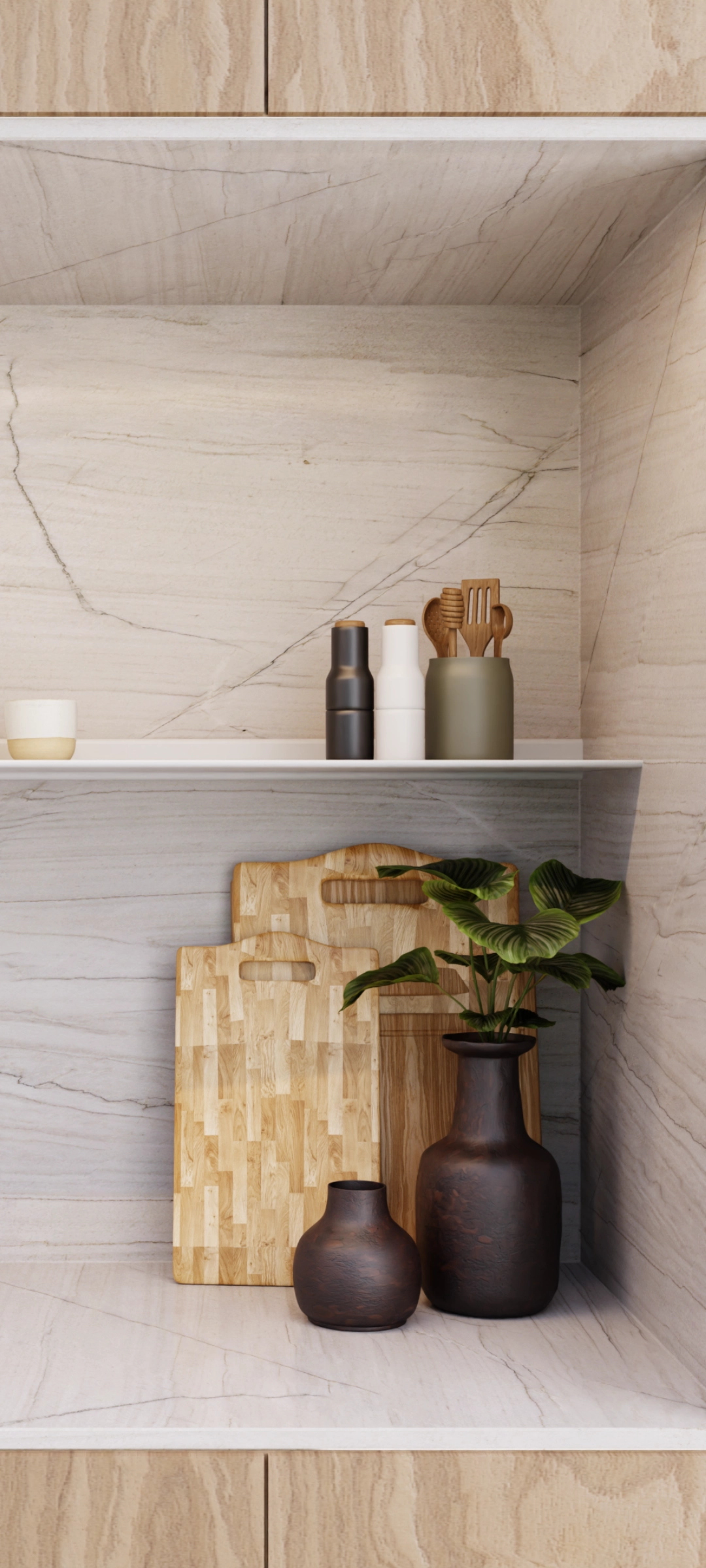 Een luxe keukenhoek met een witte Horizon plank aan de muur