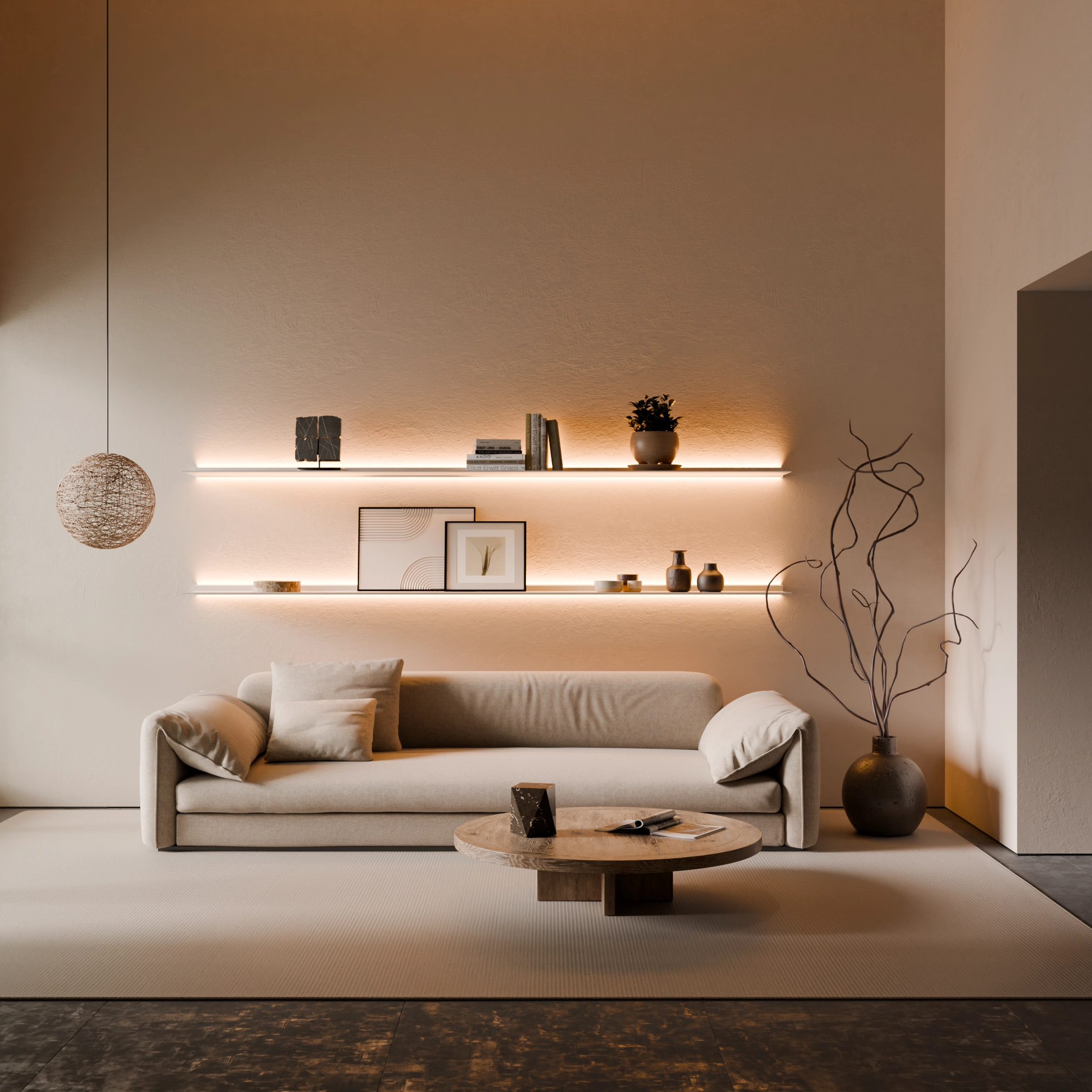 Een Bali-stijl woonkamer met 2 verlichte wandplanken, de Horizon x Eclipse genaamd. Daaronder is een bankstel en salontafel te zien.