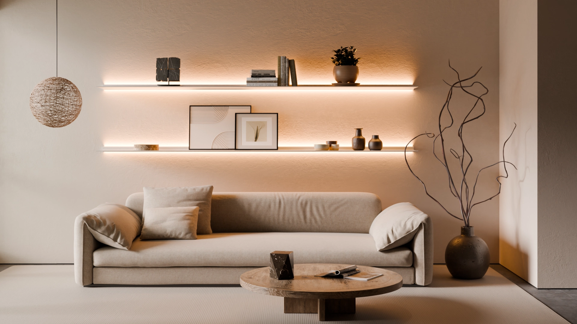 Een Bali-stijl woonkamer met 2 verlichte wandplanken, de Horizon x Eclipse genaamd. Daaronder is een bankstel en salontafel te zien.