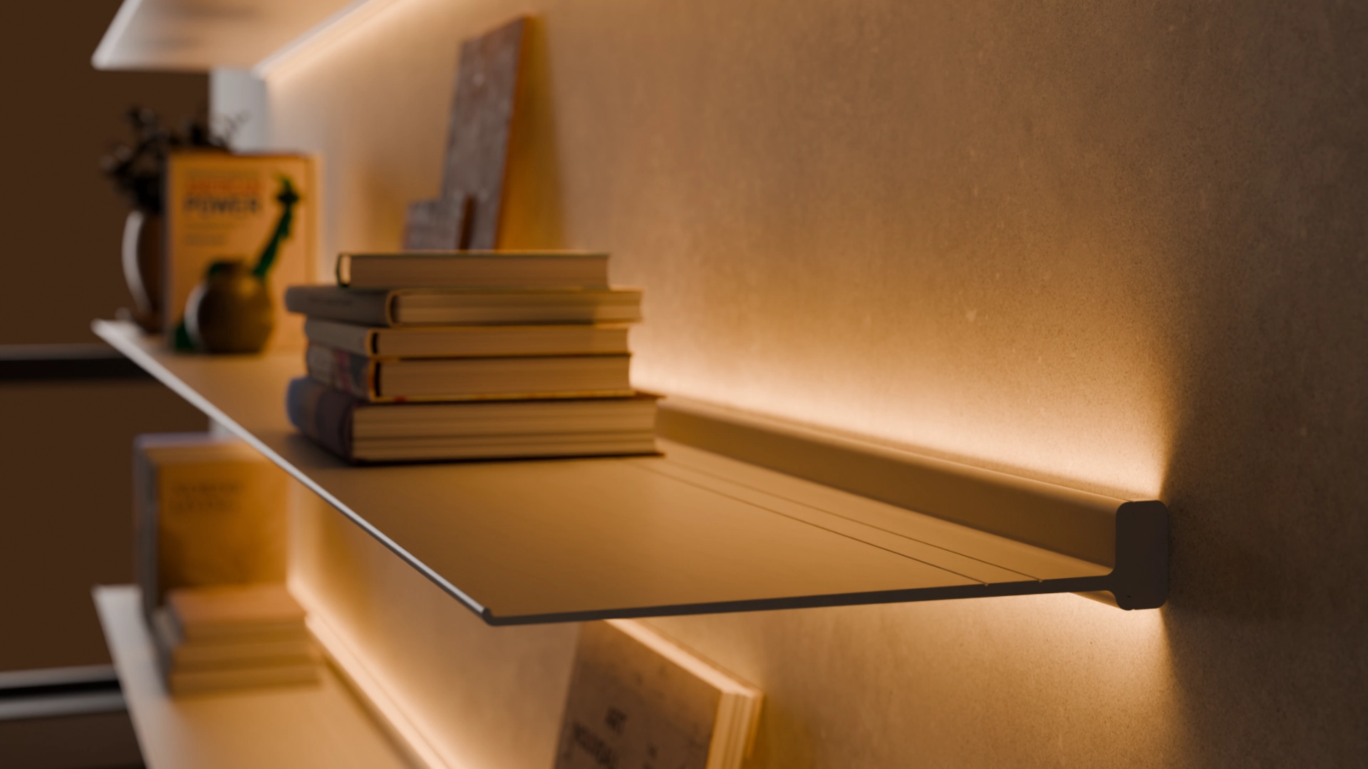 Een super dunne minimalistische aluminium wandplank met verlichting waarop je boeken ziet liggen.