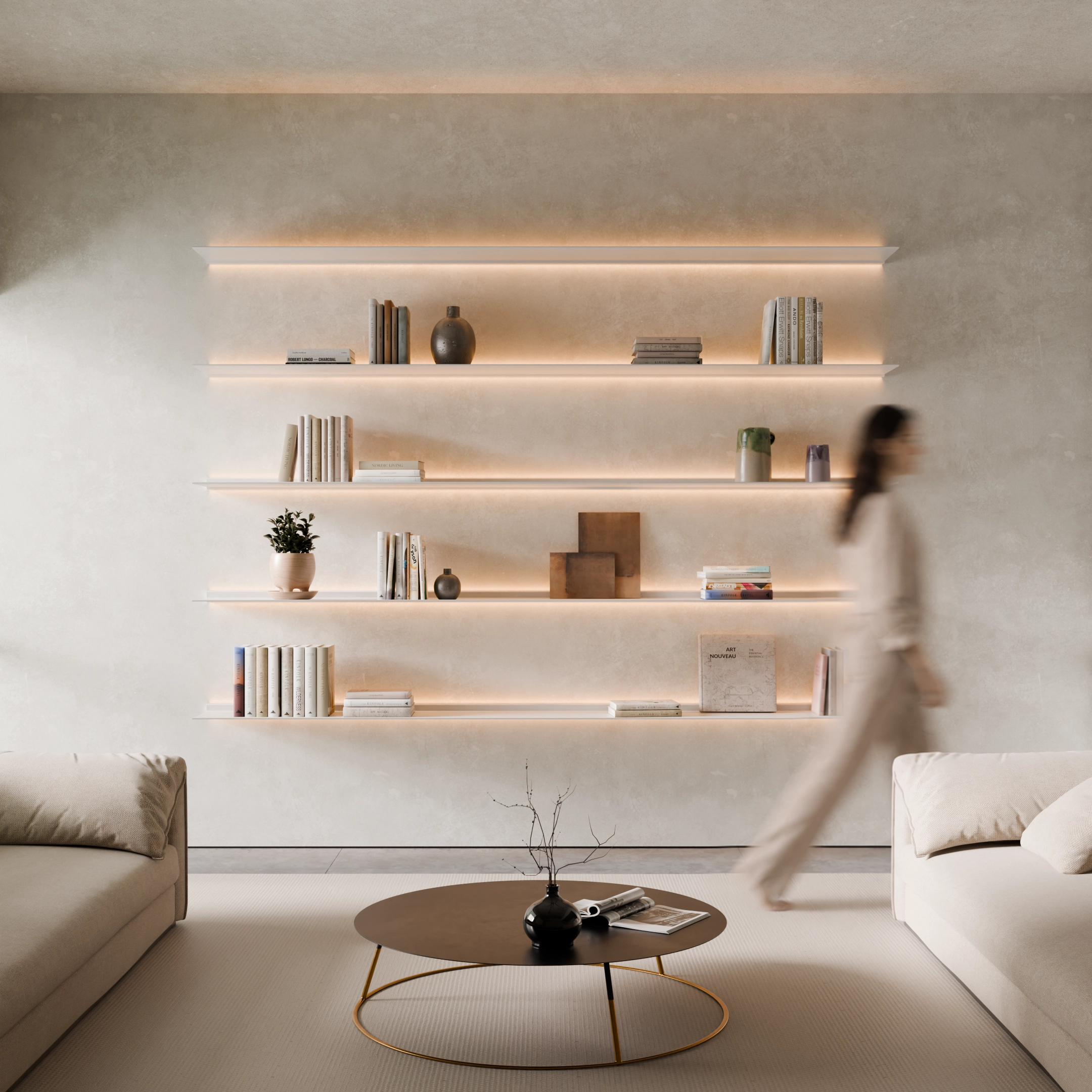 5 witte Horizon wandplank van Nimble Products met verlichting in een frisse woonkamer waar een vrouw langs loopt.