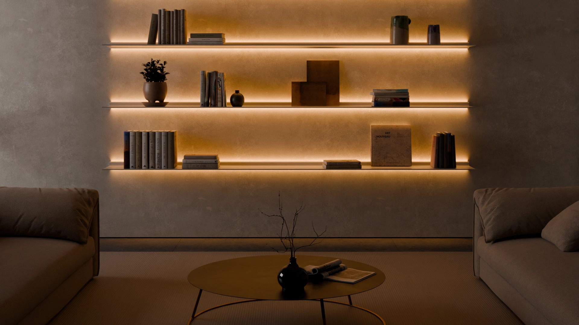 Een brede wand in een moderne woonkamer met 5 Horizon wandplanken met verlichting