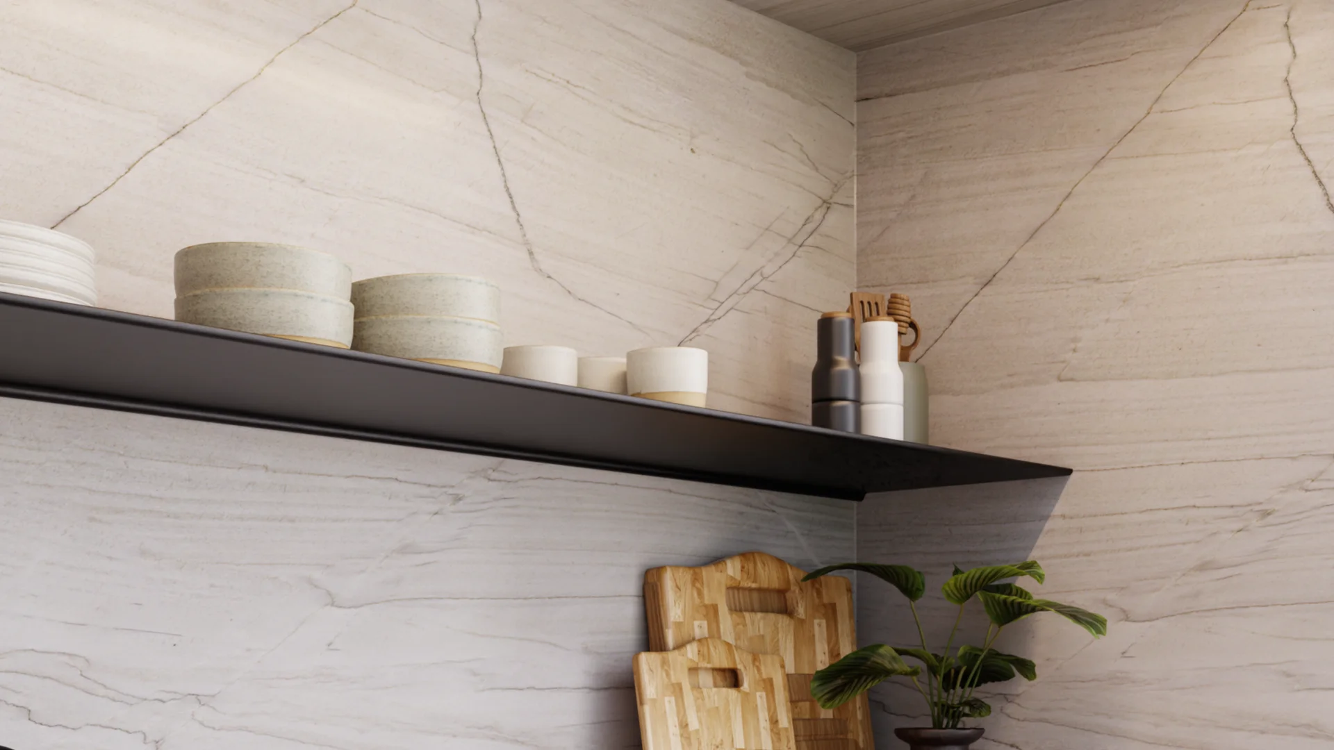 De Horizon wandplank boven een marmer aanrecht. Zwart gepoedercoat. Zeer passend bij een strak interieur.
