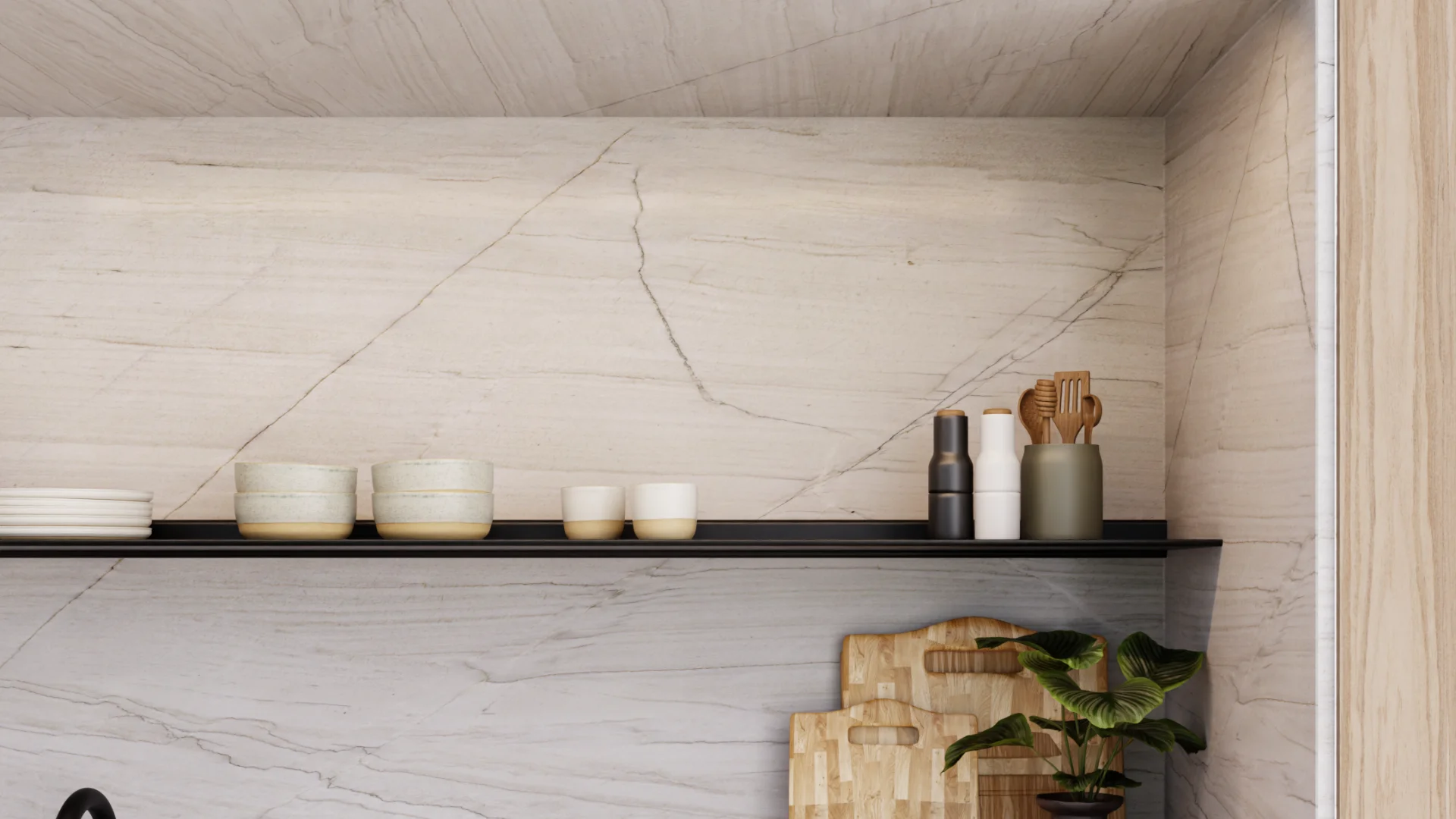 Een luxe keukenhoek met een zwarte Horizon aluminium plank aan de muur