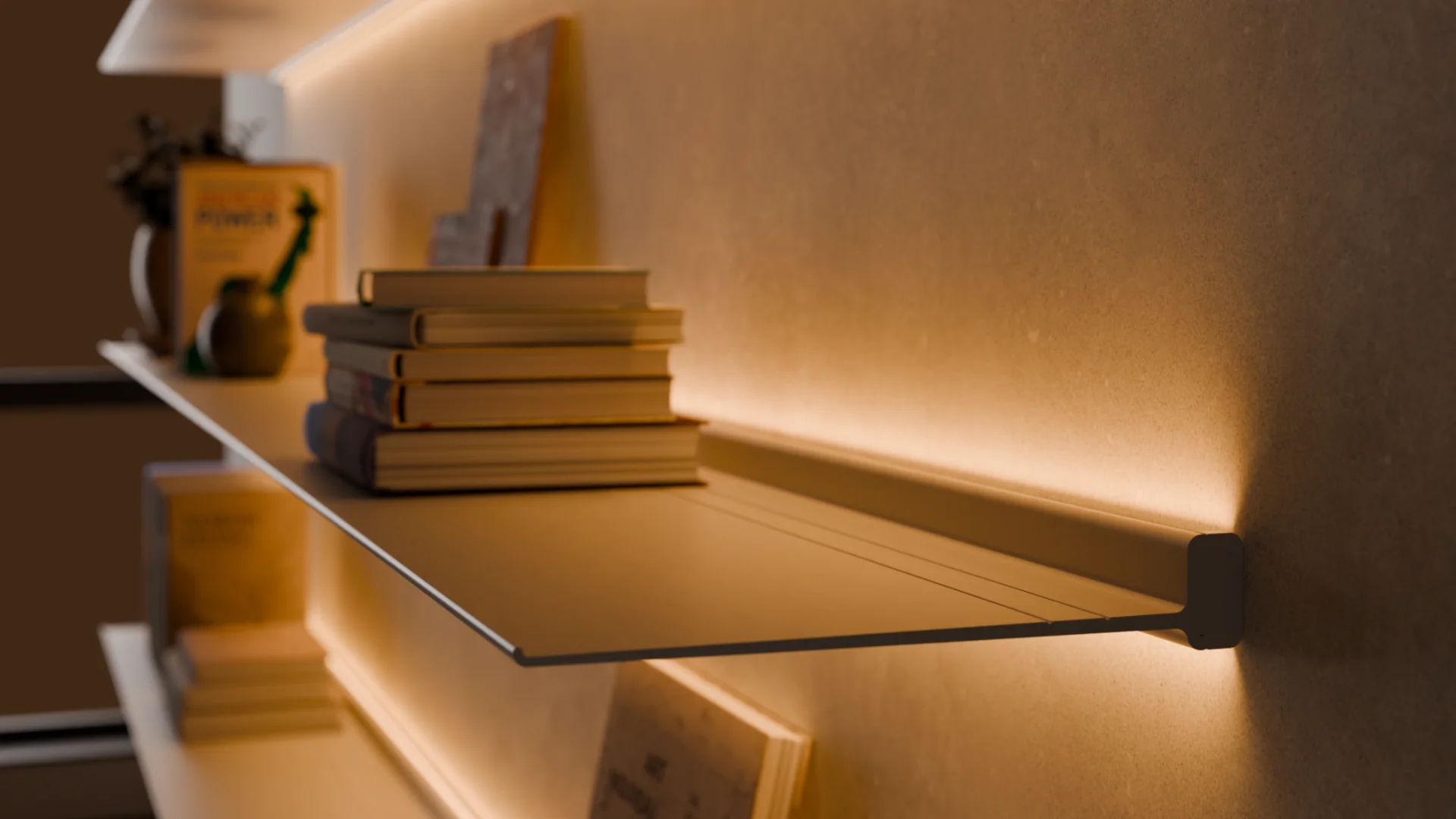 Een witte Horizon wandplank met verlichting van robuust en duurzaam aluminium